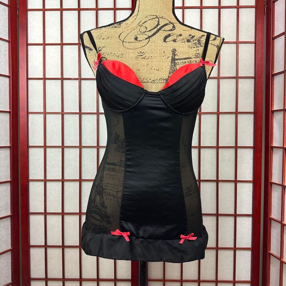 Y2K Rampage Black Red Bustier Chemise Sheer Sexy Lingerie Dress
